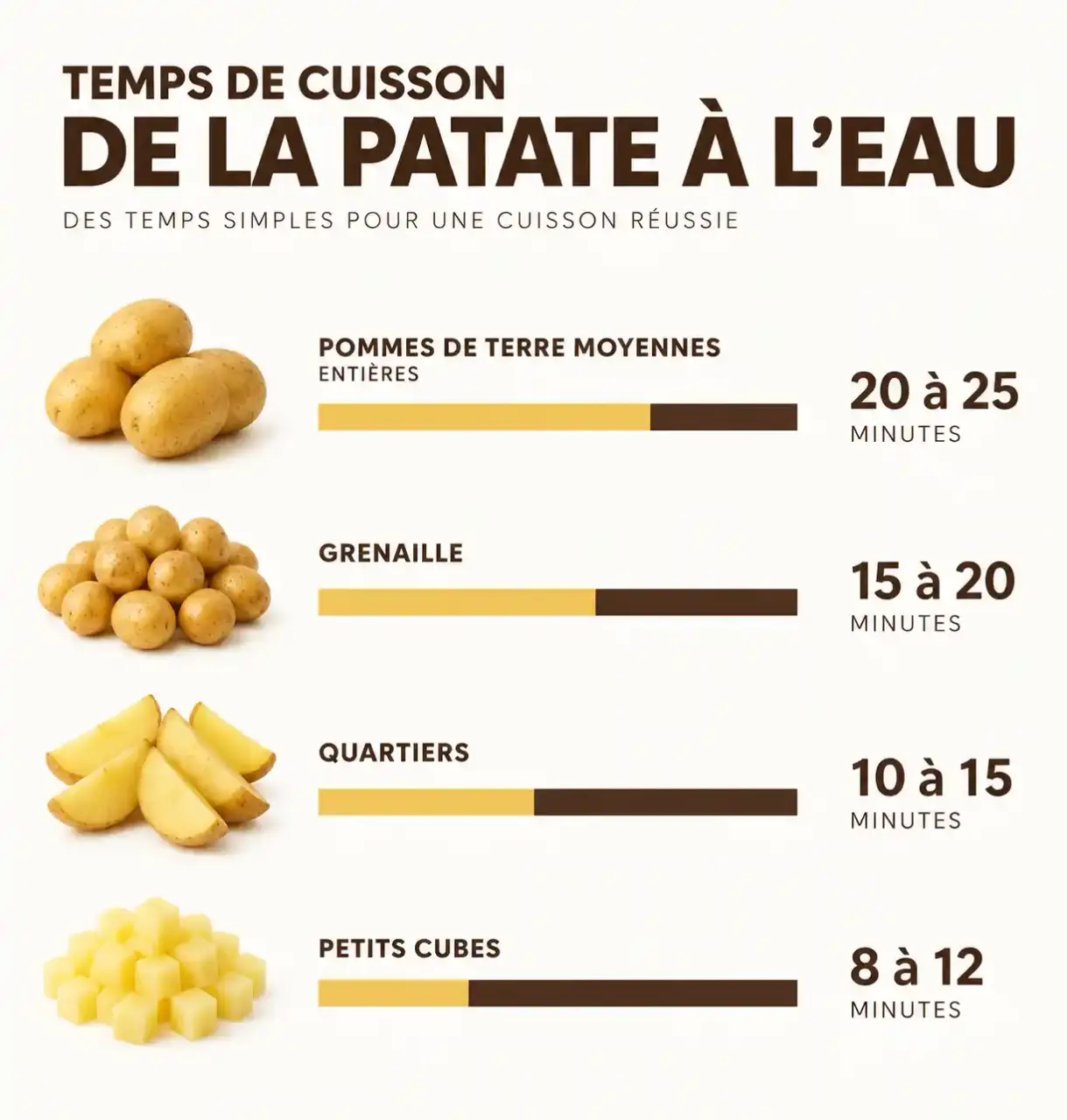 Temps de cuisson de la patate à l'eau selon la taille et la découpe : entières, grenaille, quartiers et cubes