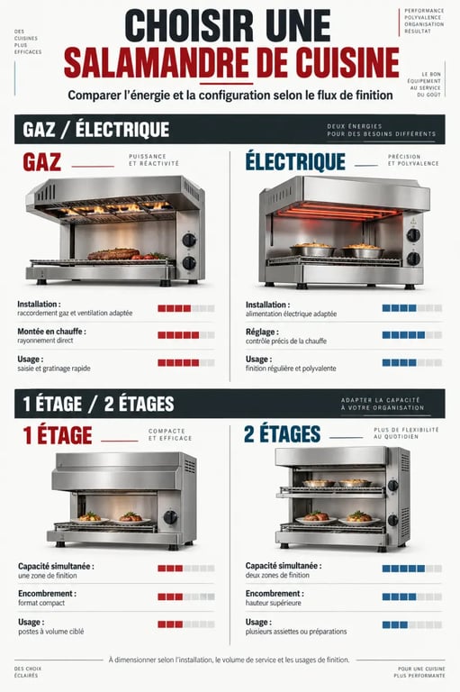 Infographie pour comparer les configurations d'une salamandre cuisine, gaz ou électrique et un ou deux étages