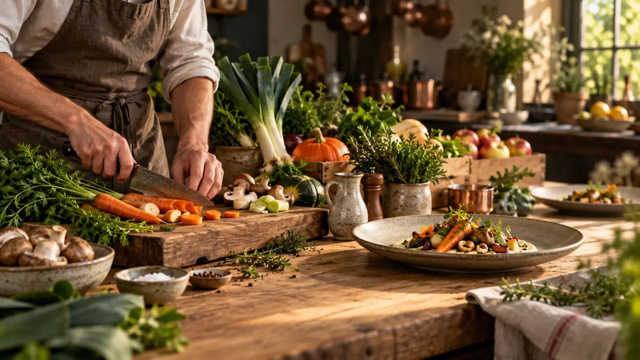 Table rustique avec des légumes de saison, de la farine et des ustensiles de cuisine