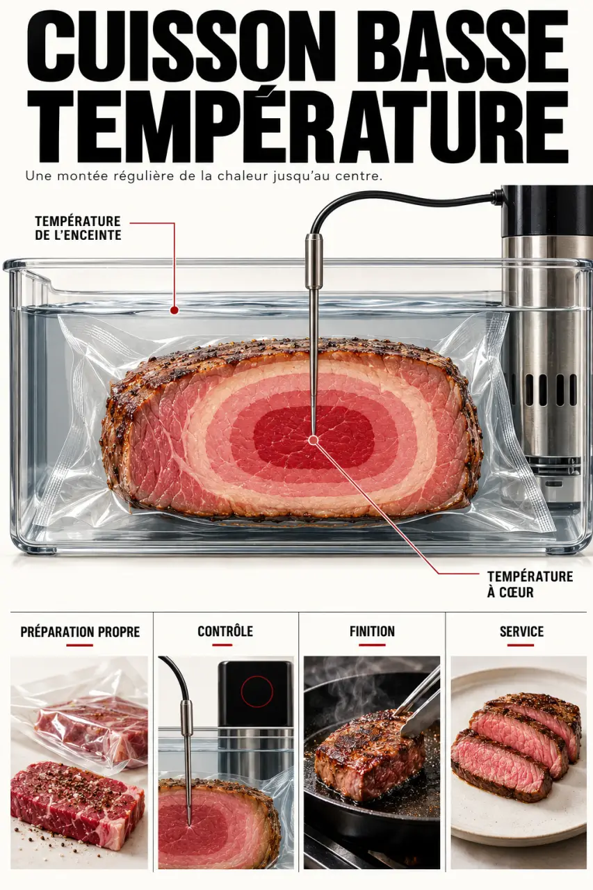 Illustration pédagogique de cuisine basse température avec sonde thermique et contrôle de la température à cœur