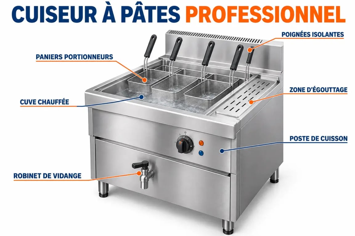 Schéma d’un cuiseur à pâtes professionnel avec cuve, paniers et robinet de vidange