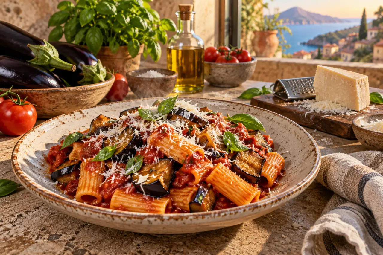 Pasta alla Norma : la méthode sicilienne pour des aubergines fondantes et des pâtes bien liées