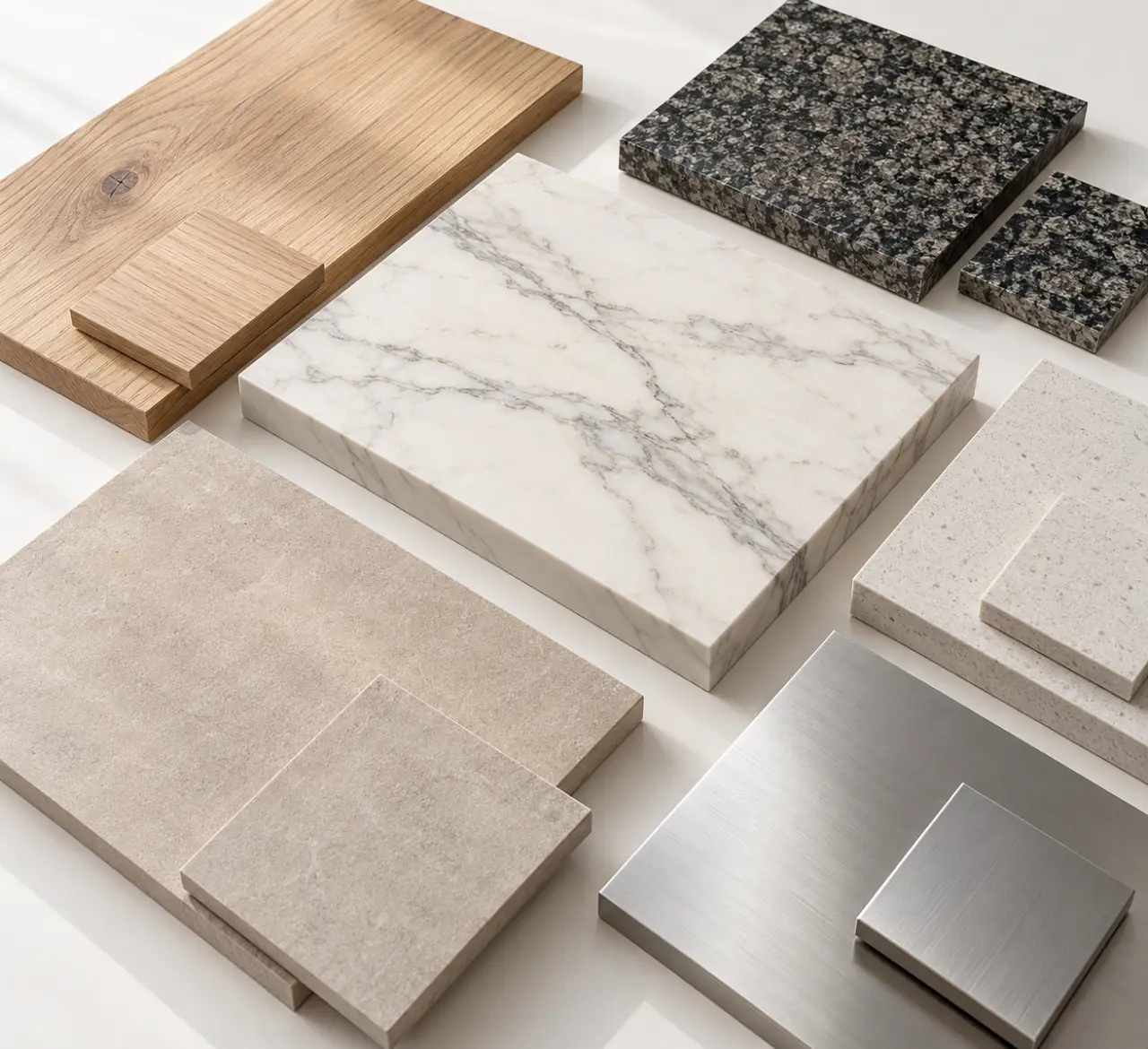Matériaux et finitions d'une cuisine haute de gamme avec bois, marbre, granit, quartz, céramique et inox