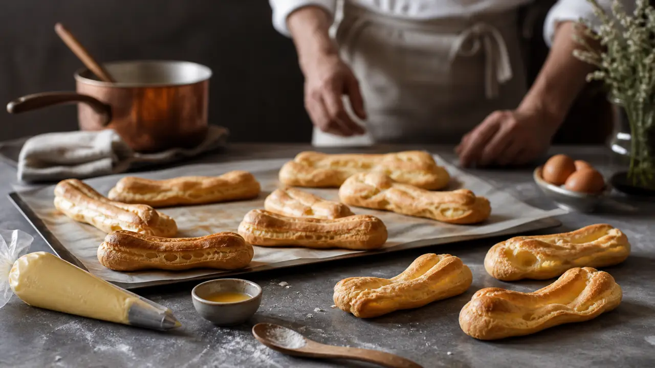 Éclairs et pâte à choux sur un plan de travail rustique