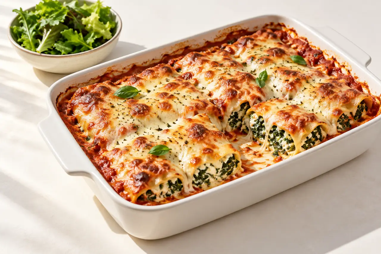 Recette italienne de cannelloni aux épinards et à la ricotta gratinés