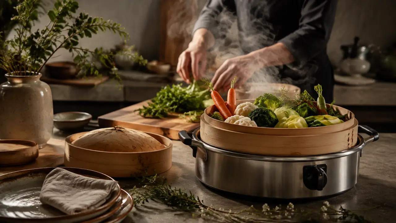 Légumes de saison cuits à la vapeur douce dans une ambiance chaleureuse