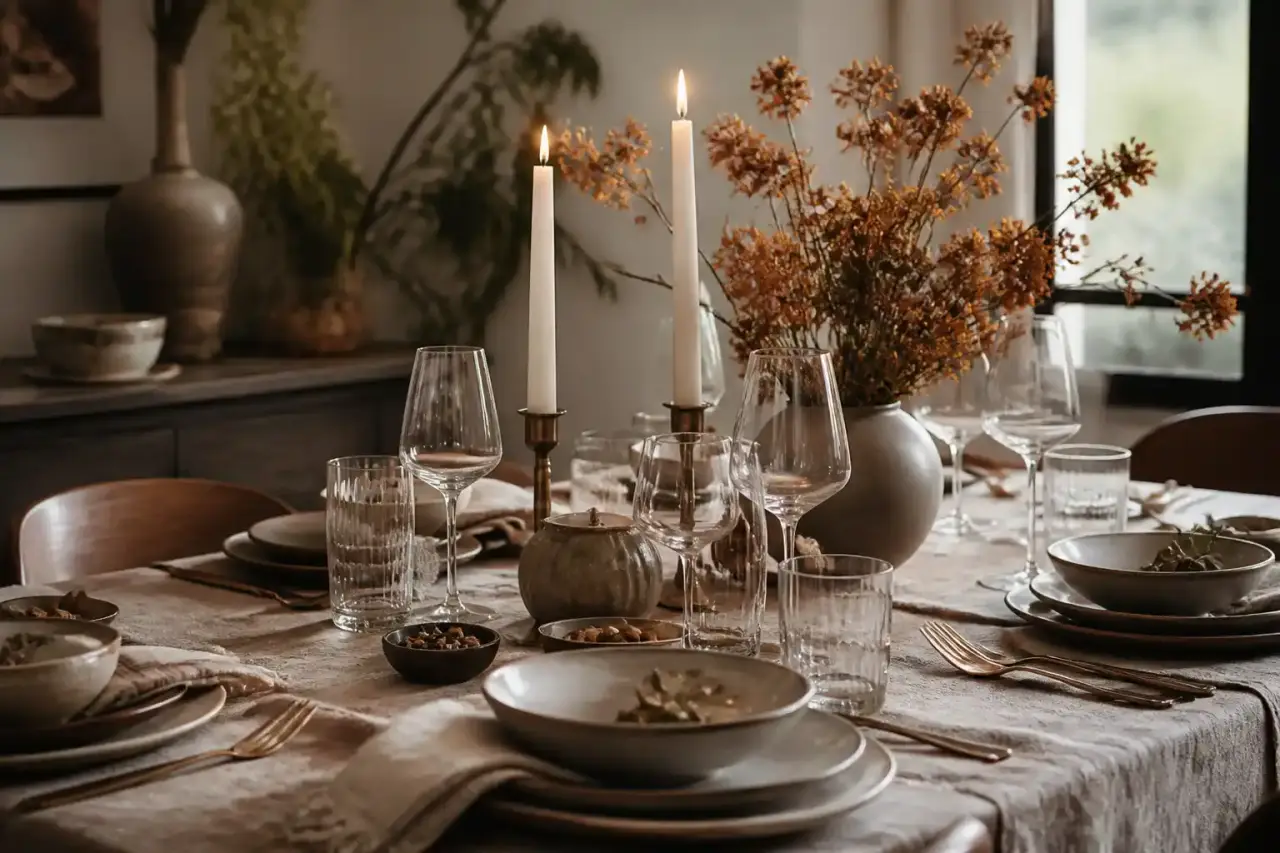 Table d'exception élégamment dressée avec vaisselle fine et verres en cristal