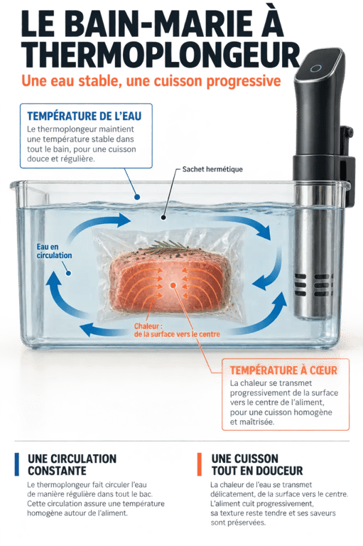 Schéma du tableau cuisson sous vide thermoplongeur montrant la circulation de l’eau et la montée en température à cœur
