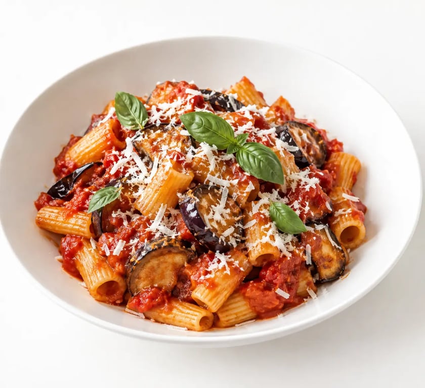 Pasta alla Norma aux aubergines dorées, tomate, basilic et ricotta salée