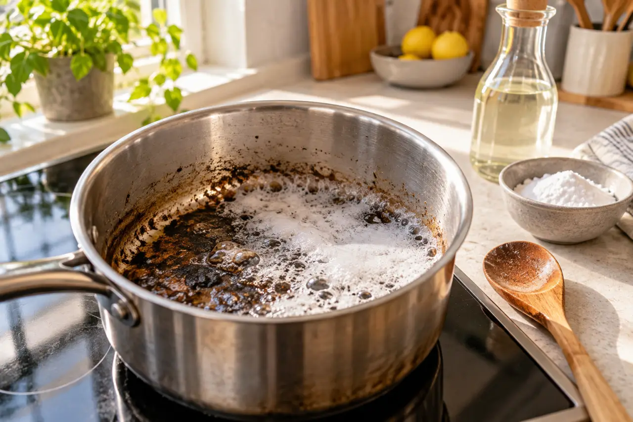 Casserole brûlée : la méthode bicarbonate-vinaigre qui décolle le fond sans frotter